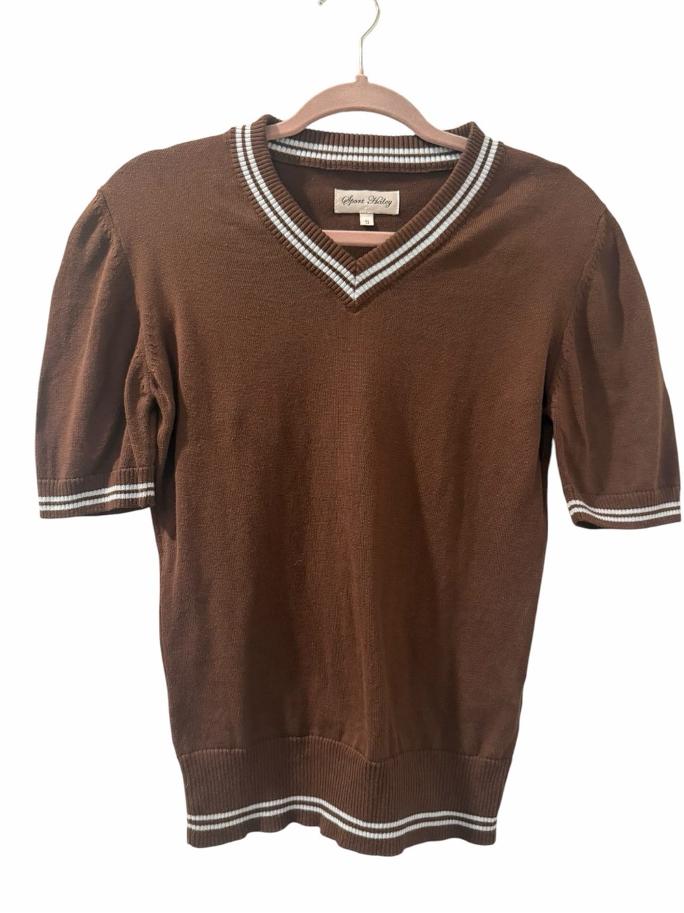 Sport Haley Brown Pima Cotton V-Neck Short Sleeve Sweater Size Small